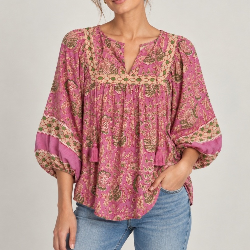 Cleobella Amaryllis Blouse Size XS Pink Floral Print Boho Tassel Tie Peasant Top